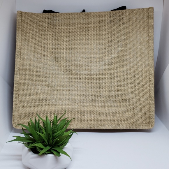 NWT "Hello Weekend" Large Black & Burlap Woven Tote - Picture 3 of 6